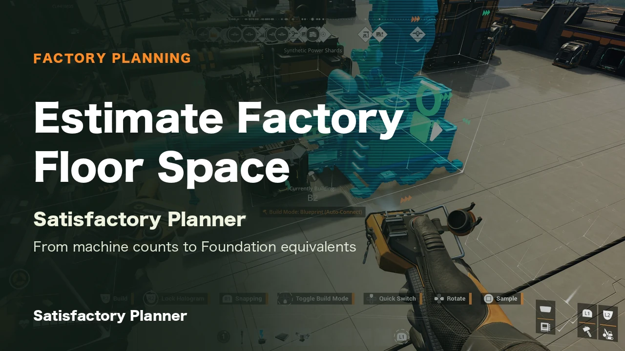 Official Satisfactory Press Kit gameplay screenshot of placing a blueprint in a factory. The cover title is editorial.