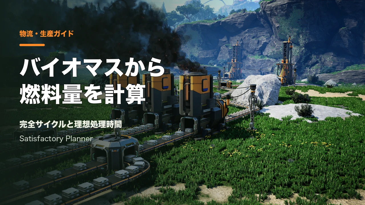 Satisfactory公式Press Kitの製造機が並ぶ生産ライン。記事用の見出しを重ねたカバー。
