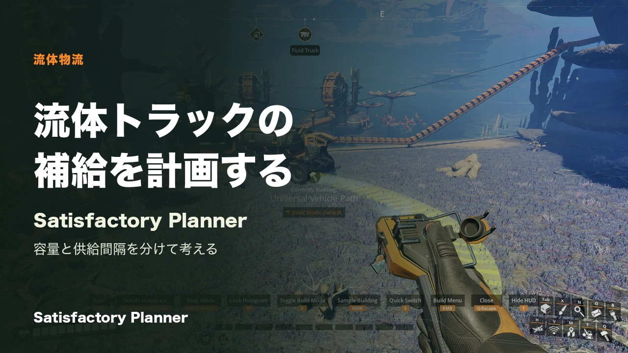 公式Satisfactoryの実ゲーム画面に映る流体トラックと流体ステーション。記事用の見出しを重ねたカバー。