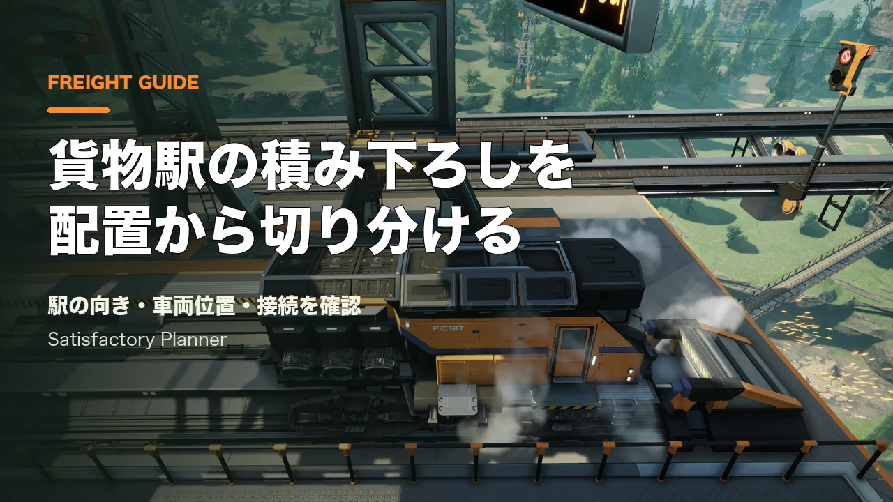 Satisfactory公式Press Kitの貨物列車と線路設備。記事用の見出しを重ねたカバー。