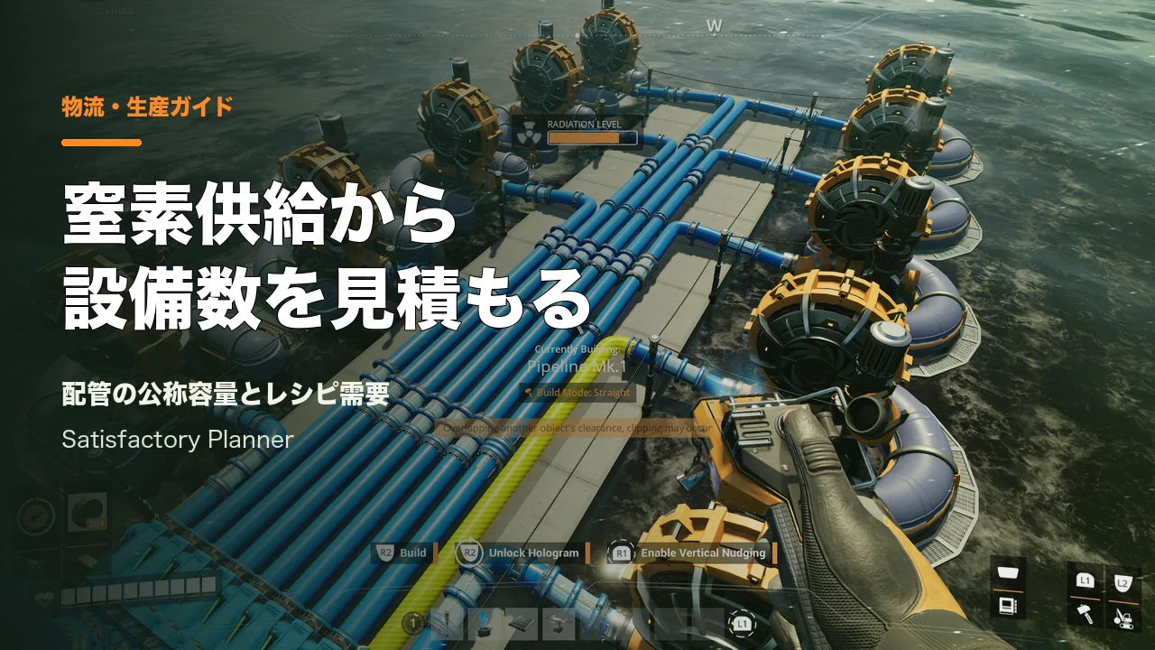 Satisfactory公式Press Kitの複数の流体配管。記事用の見出しを重ねたカバー。