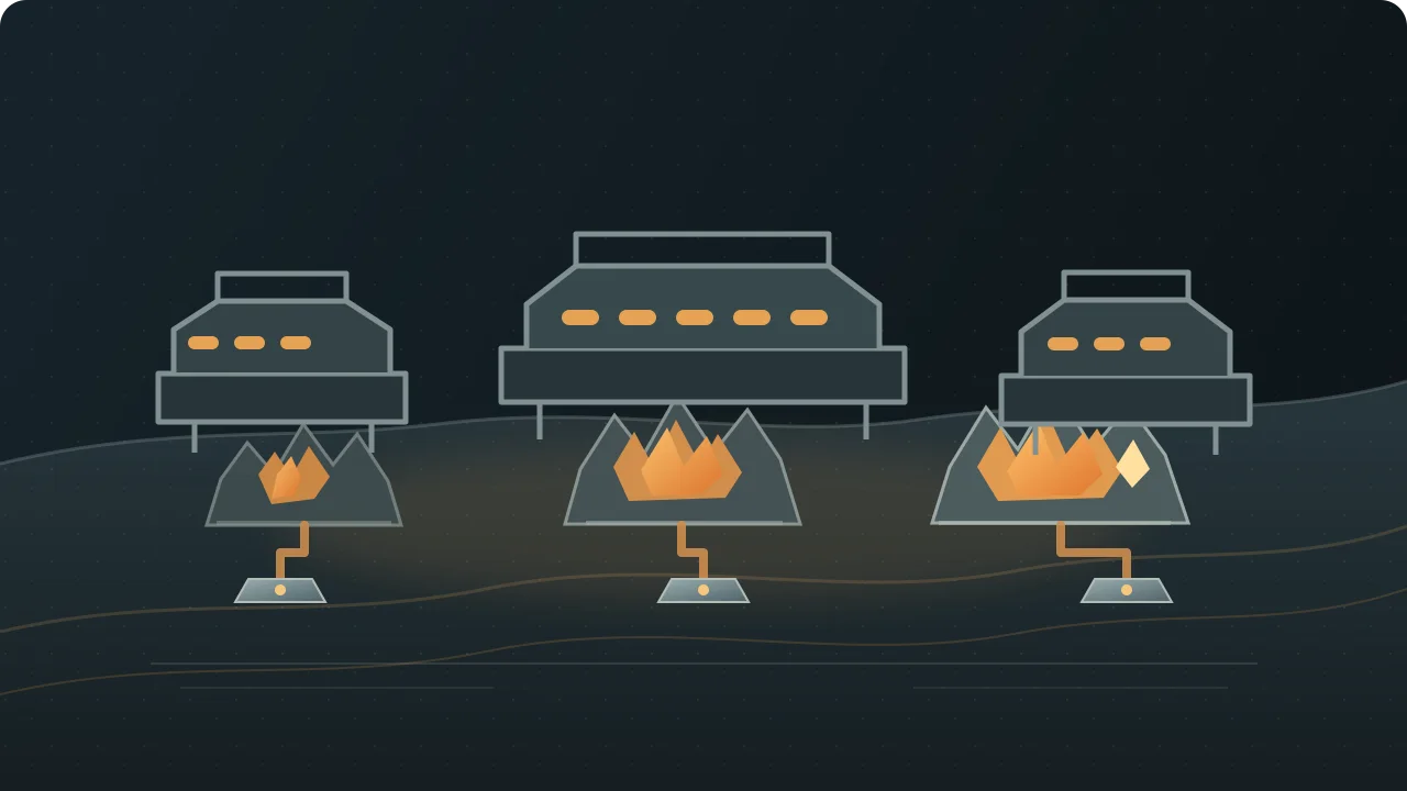 Abstract illustration of miners drawing ore from nodes of different purity