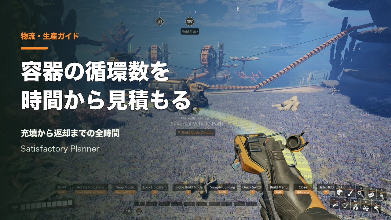 Satisfactory公式Press Kitの流体ステーションを結ぶトラックの経路。記事用見出しを重ねたカバー。