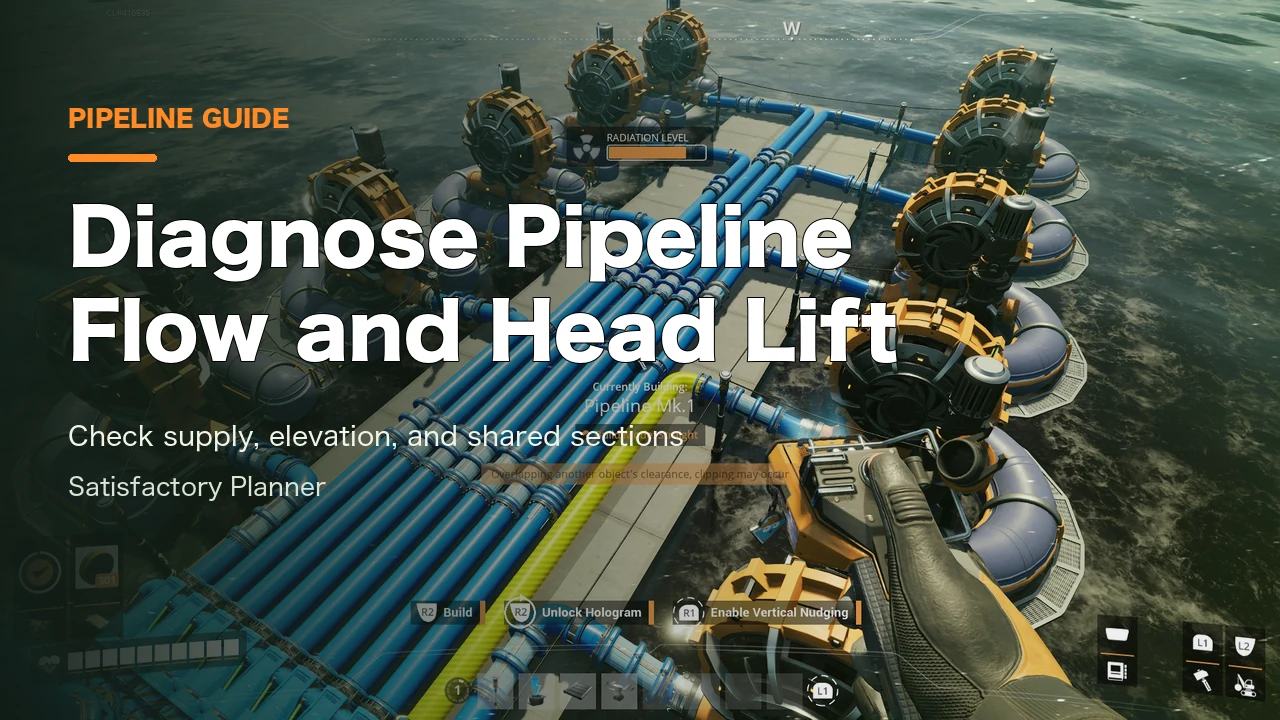 Official Satisfactory Press Kit screenshot of an in-game pipe network, with an editorial cover title.