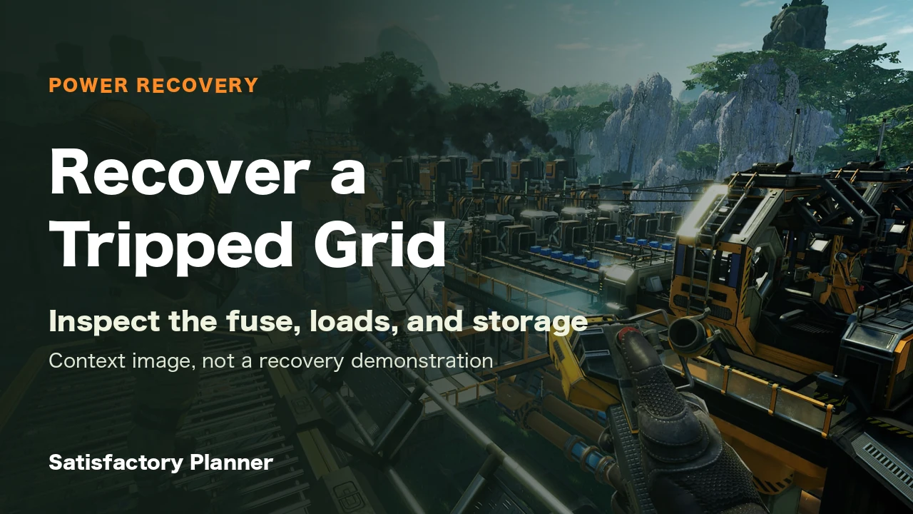 Broad official Satisfactory Press Kit gameplay scene with power lines and factory equipment. It does not show fuse recovery UI; the title is editorial.