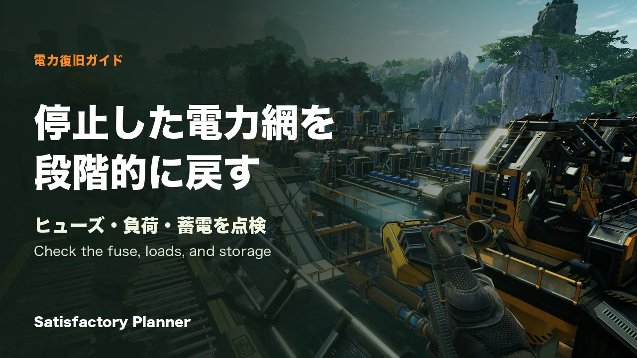 Satisfactory公式Press Kitの送電線と工場設備がある広いゲーム内風景。ヒューズ復旧UIではなく、記事用タイトルを重ねたカバー。