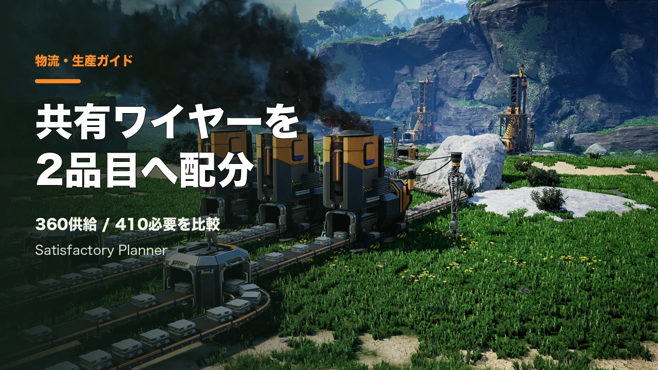 Satisfactory公式Press Kitの製造機が並ぶ生産ライン。記事用見出しを重ねたカバー。