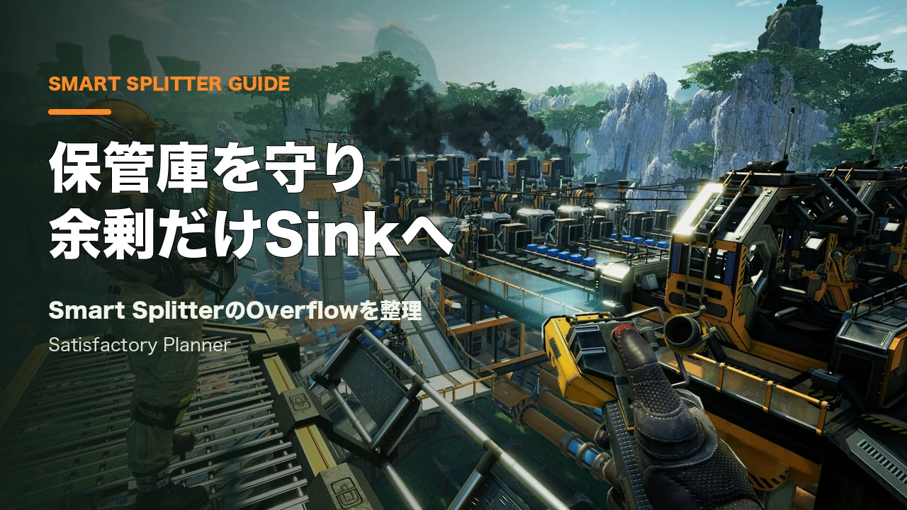 Satisfactory公式Press Kitの工場と製造設備。記事用の見出しを重ねたカバー。