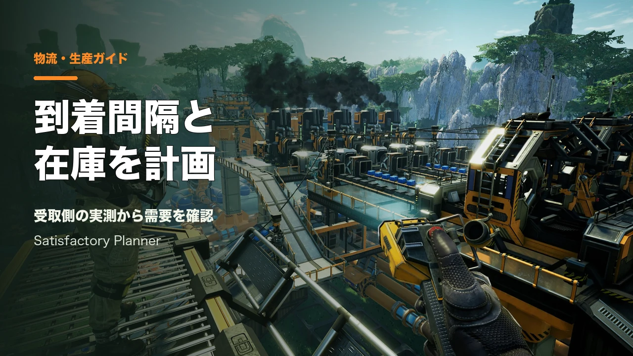 Satisfactory公式Press Kitの工場と鉄道を含む広い工場風景。記事用の見出しを重ねたカバー。
