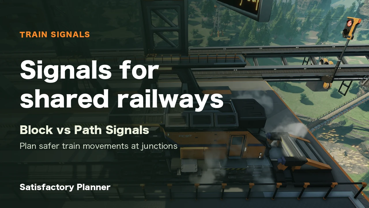 Official Satisfactory Press Kit scene with a freight train at a station and a rail signal on the right. The bold cover title is editorial.