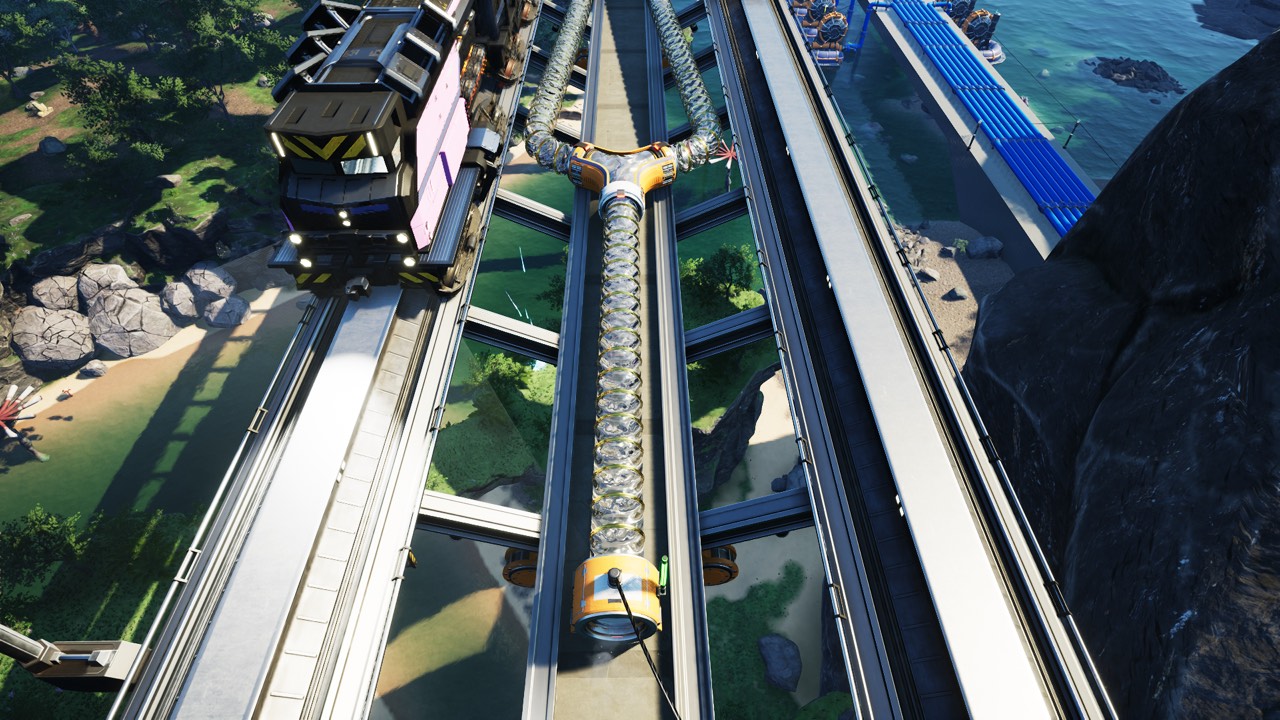 Overhead Satisfactory Update 1.1 screenshot of a Hypertube Junction connected to three tube paths.