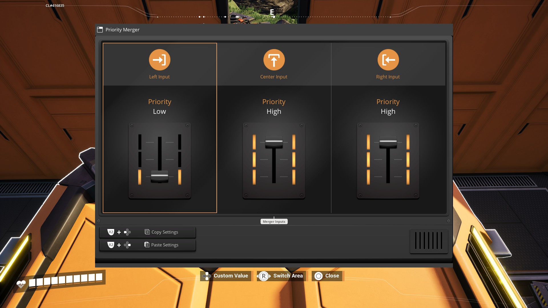 Satisfactory 1.1 Press KitのPriority Merger設定画面。Left InputはLow、Center InputとRight InputはHigh。