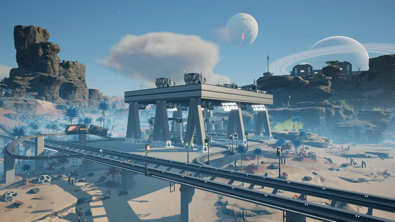 Satisfactoryの工場とレールの一般的なゲーム内風景。モーター専用ラインやレシピ画面ではありません。