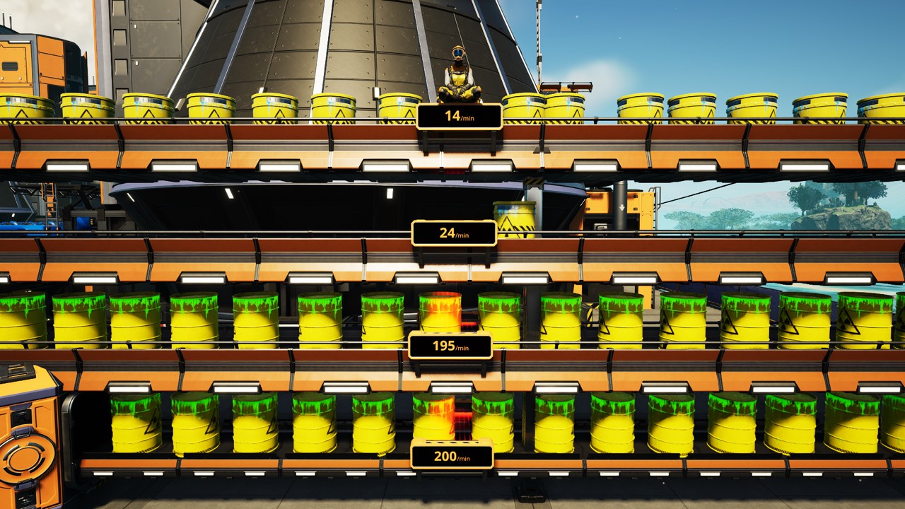 Official Satisfactory Press Kit example showing belt throughput readouts of 14, 24, 195 and 200 items per minute.
